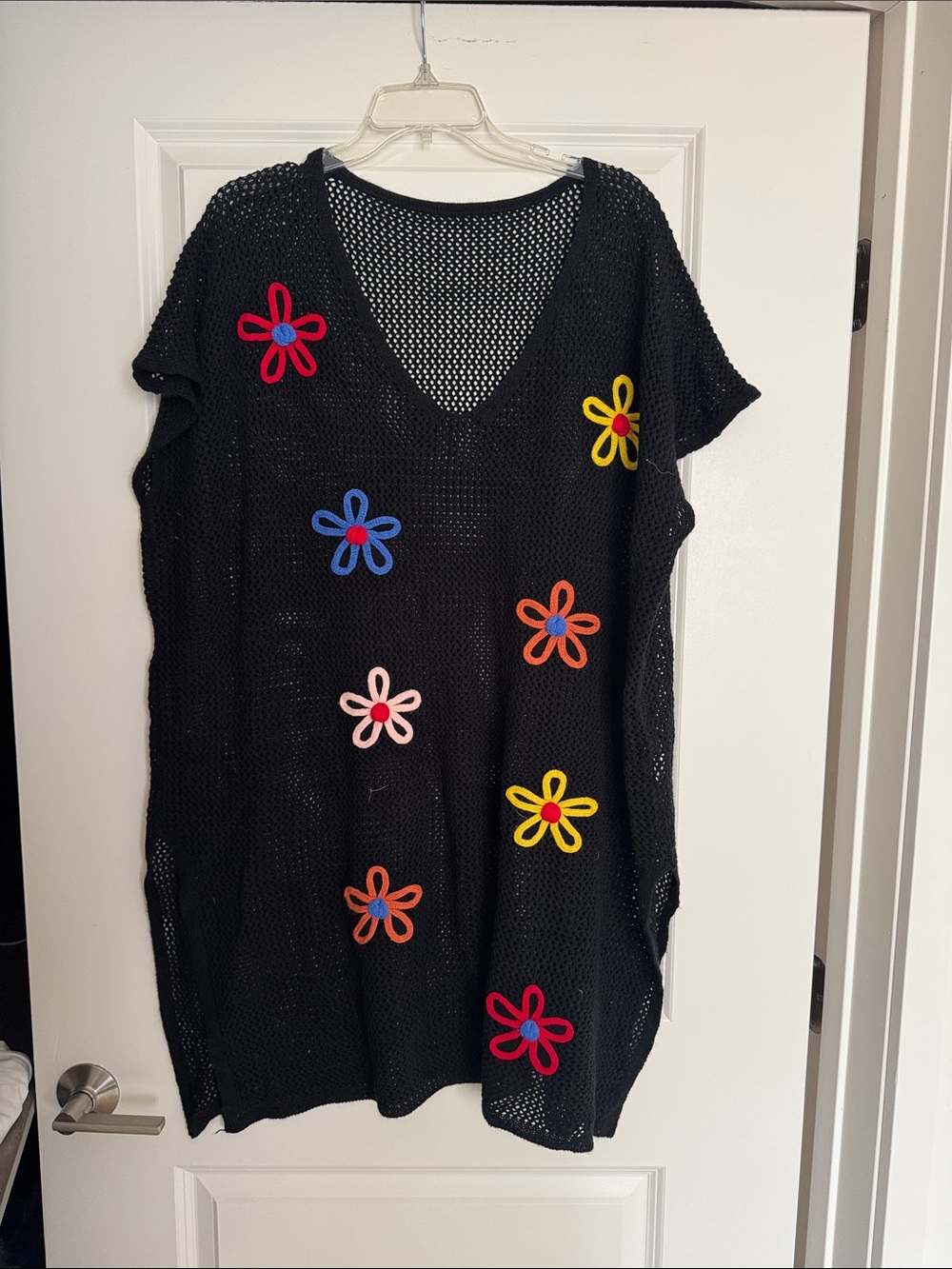 Black Crochet Tunic Coverup with Colorful Flower Appliqués
